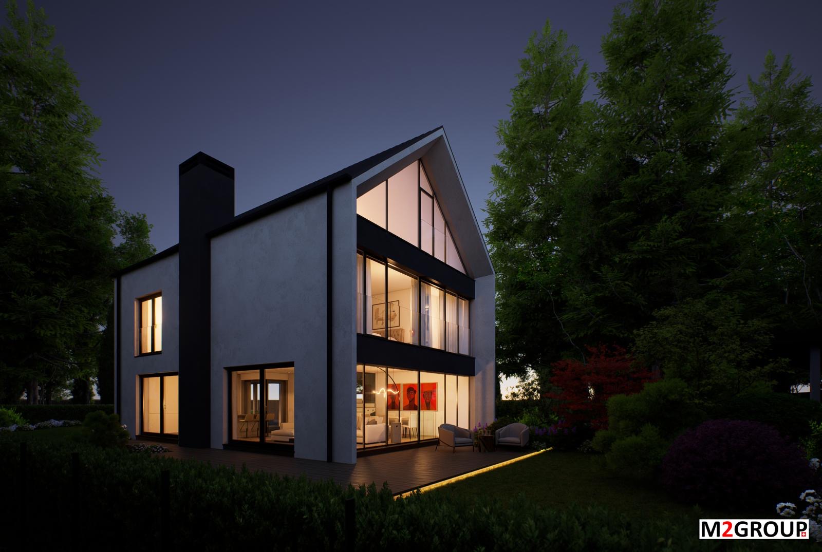 Villa contemporaine à la tombée de la nuit